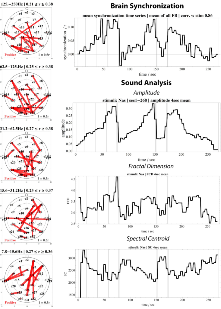 Die EEG Messung zeigt, dass die gemessenen Hirnströme dem dynamischen Aufbau des Musikstückes folgt. Der spektrale Zentroid zeigt eine umgedrehte Proportionalität zur Amplituden- und EEG-Information. 